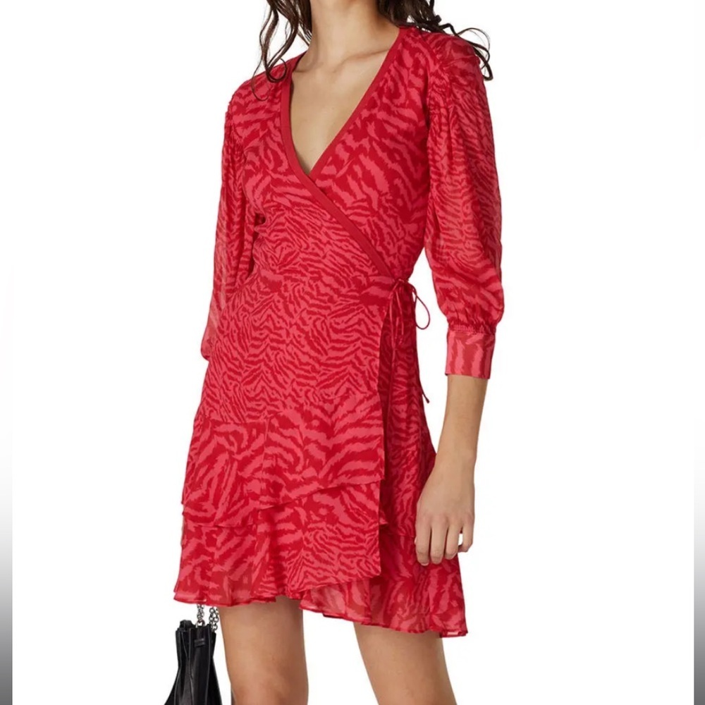 Allsaints Keva Remix Zebra Print Ruffle Mini 3/4 Sleeve Wrap Dress Red Sz M
